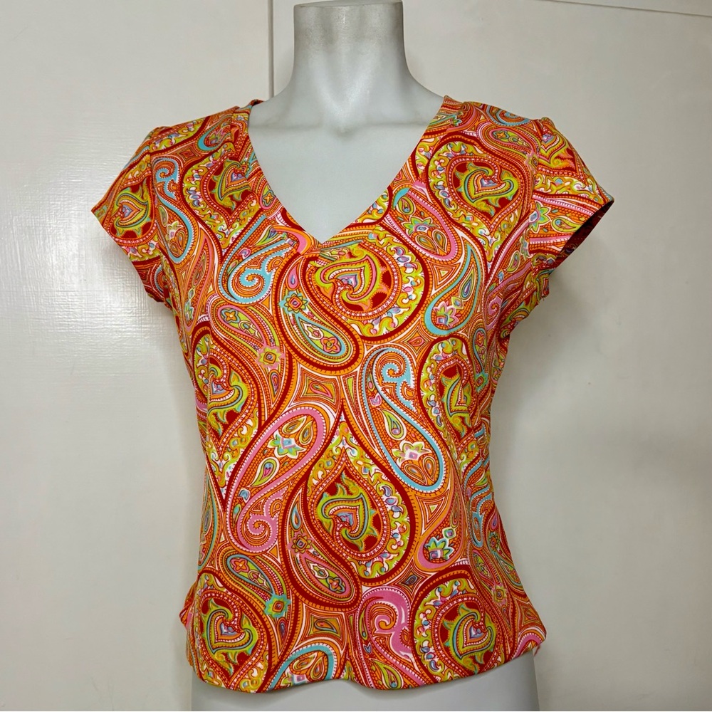 Vintage 90s Emporium Orange Funky Paisley V Neck Baby Tee Cropped T Shirt
